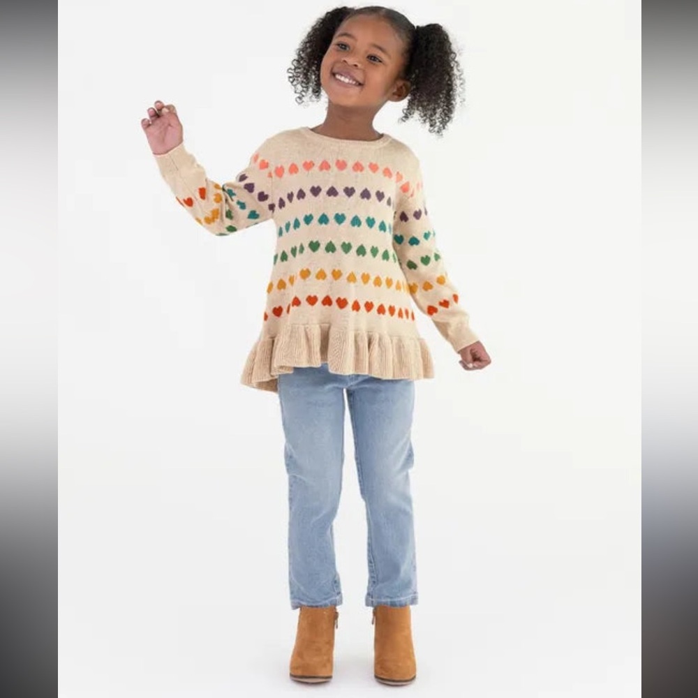 RuffleButts Valentine’s Day Lovely Rainbow Heart Ruffle Hem Sweater Kids Size 8
